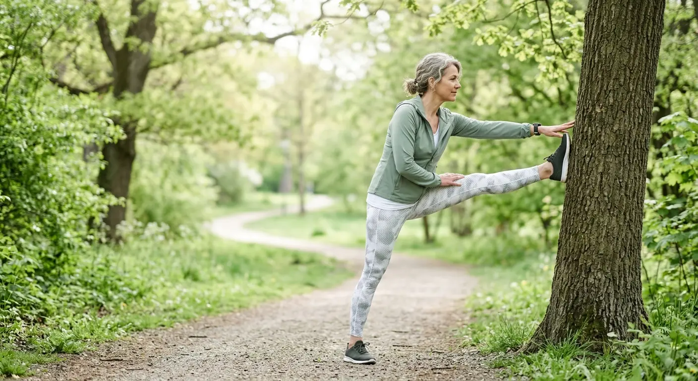 Person beim Dehnen im Park am Morgen